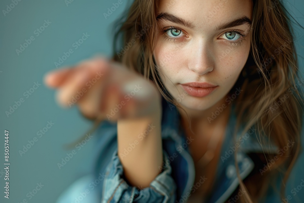 A woman holds a remote control in her hand, ready to use A woman holds a remote control in her hand, ready to use
