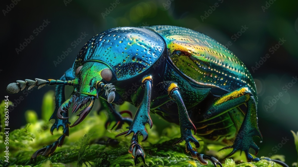 Fototapeta premium A small insect perched on a leafy stem, highlighting the colors of nature