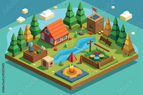 Isometric illustration of a summer camp with a cabin, lake, fire pit, and garden, Summer camp Customizable Isometric Illustration