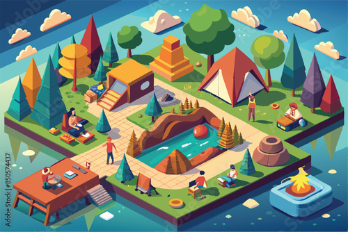 Summer camp isometric illustration with campers swimming, reading, and relaxing by the fire, Summer camp Customizable Isometric Illustration
