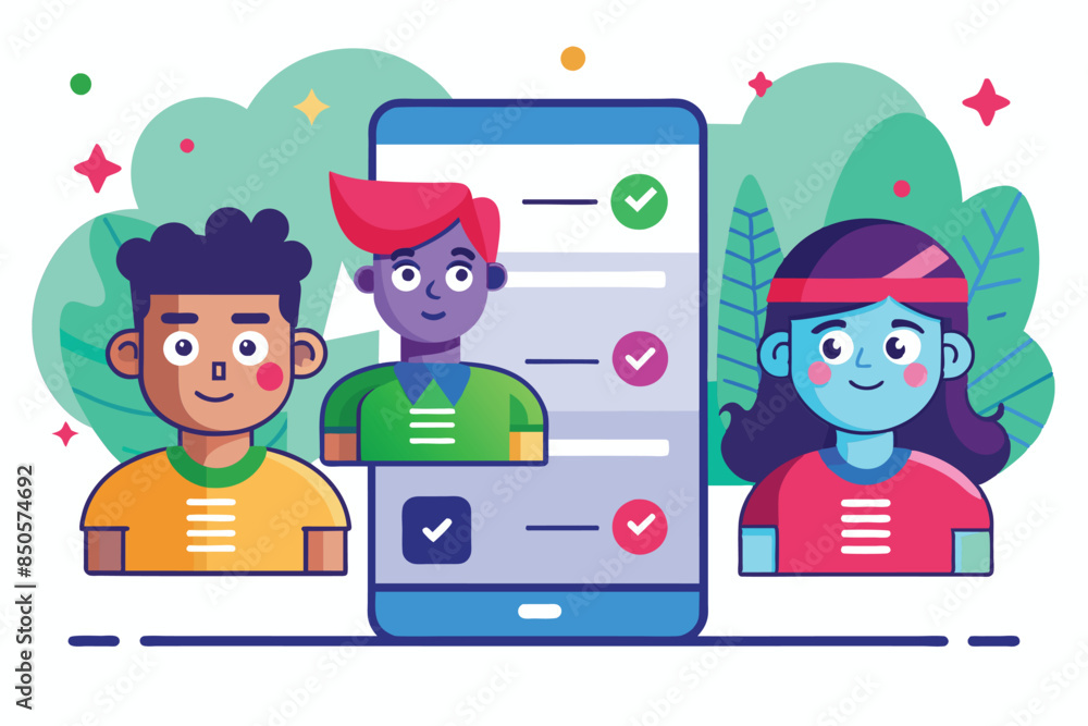 An illustration of three cartoon characters on a mobile phone screen showcasing the customization of swipe profiles, Swipe profiles Customizable Disproportionate Illustration An illustration of three cartoon characters on a mobile phone screen showcasing the customization of swipe profiles, Swipe profiles Customizable Disproportionate Illustration