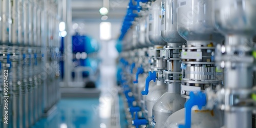 Desalination plants use reverse osmosis for water purification and treatment. Concept Water treatment, Desalination plants, Reverse osmosis, Purification process, Water technology