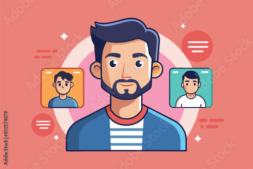 Cartoon illustration of a man swiping through dating profiles, Swipe profiles Customizable Cartoon Illustration