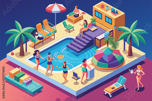 Isometric illustration of a pool party featuring friends lounging by a pool with palm trees, a patio, and an umbrella, Swimsuit party Customizable Isometric Illustration