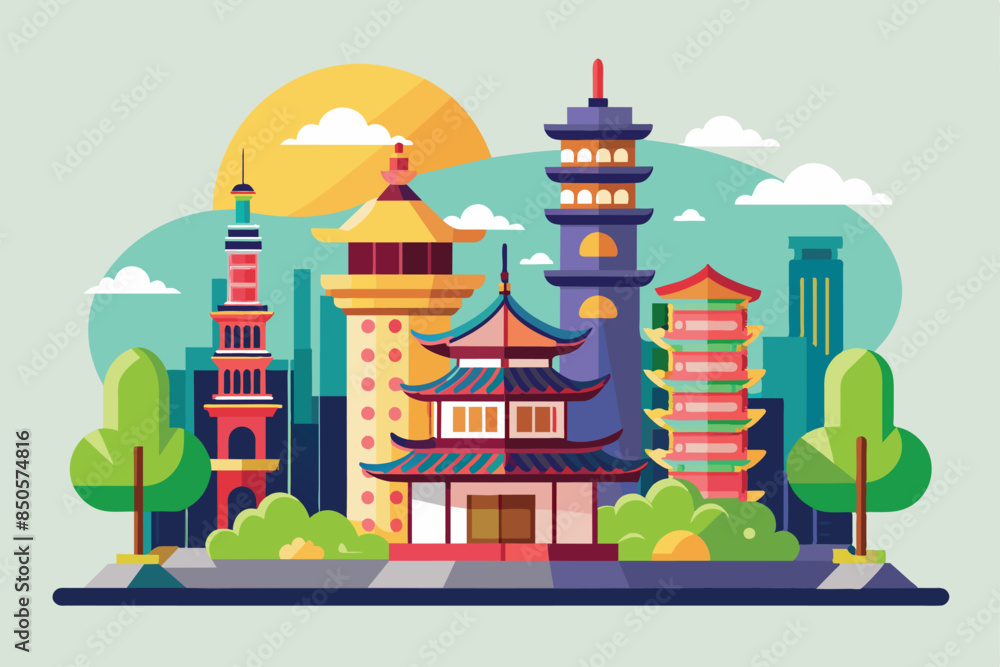 Naklejka premium An illustration of a Taipei cityscape featuring various pagoda and temple structures, Taipei Customizable Flat Illustration
