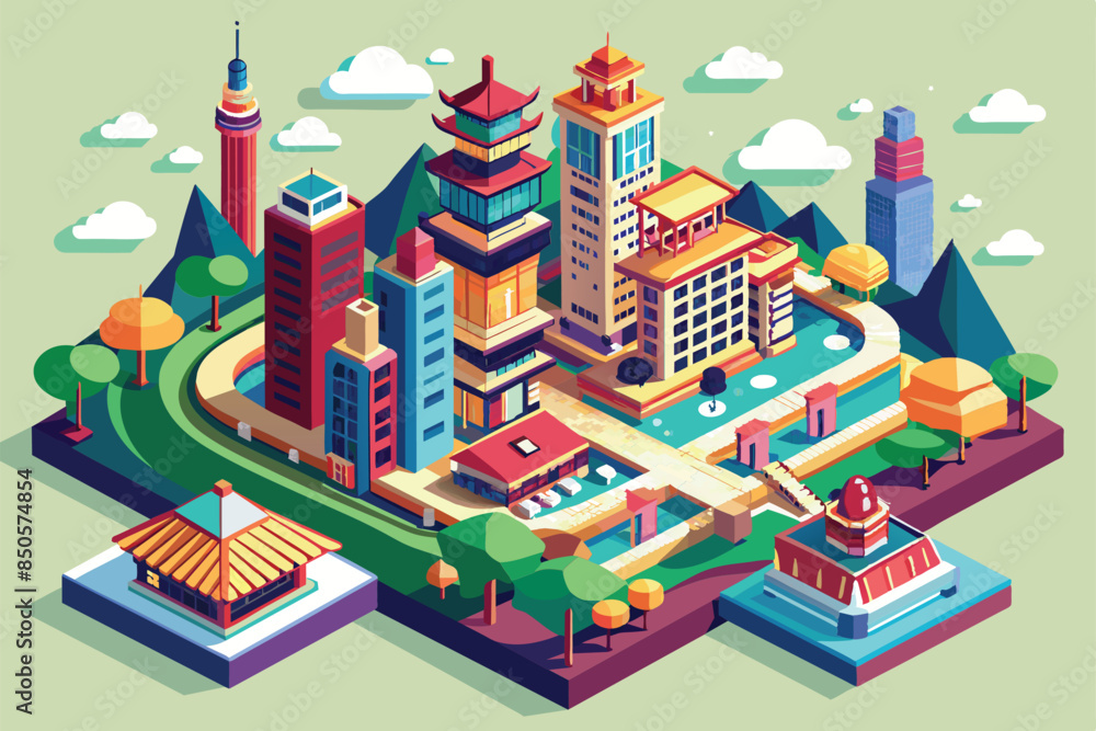 Naklejka premium An isometric illustration of a modern Taipei cityscape with iconic buildings, lush greenery, and a scenic water feature, Taipei Customizable Isometric Illustration