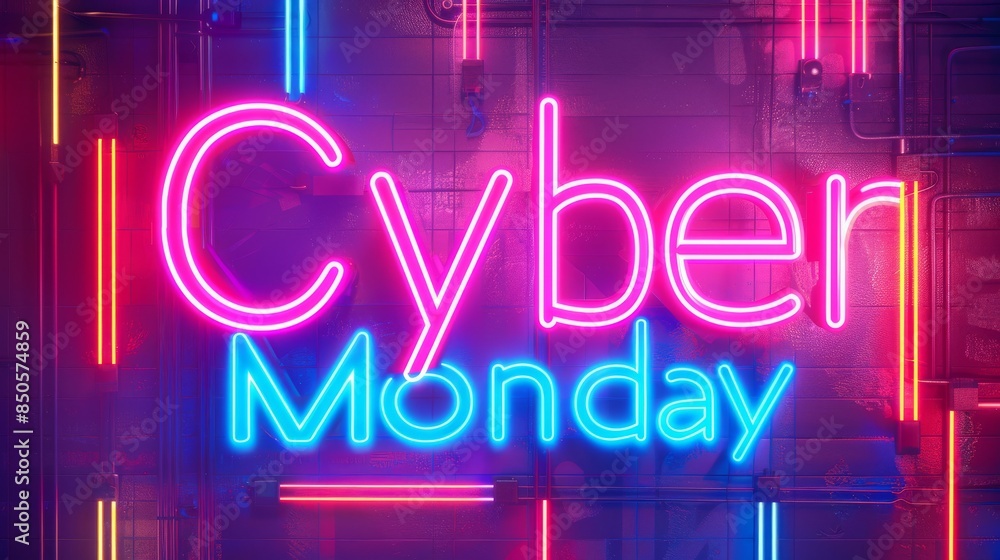 A Cyber Monday scene with neon lights and digital lines, evoking a lively and futuristic ambiance A Cyber Monday scene with neon lights and digital lines, evoking a lively and futuristic ambiance