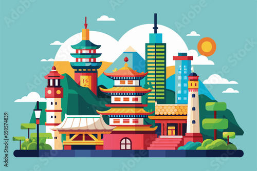 Taipeis skyline in a bright flat illustration highlights traditional temples and modern skyscrapers, Taipei Customizable Flat Illustration photo