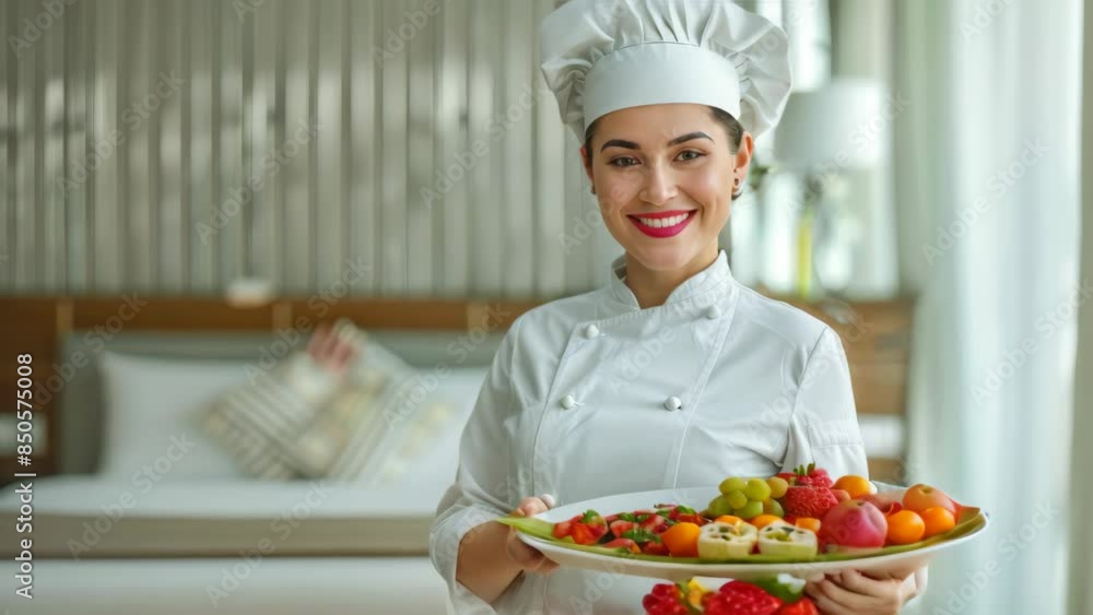 Culinary staff holding a platter of healthy food in a luxury hotel room. Culinary staff holding a platter of healthy food in a luxury hotel room.