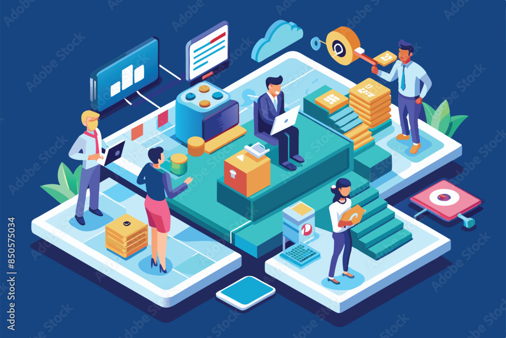 Isometric illustration depicting a team of professionals working together in a modern office setting, Team page Customizable Isometric Illustration Isometric illustration depicting a team of professionals working together in a modern office setting, Team page Customizable Isometric Illustration