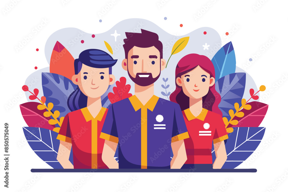 Fototapeta premium Illustration of 3 diverse team members with colorful leaves, Team page Customizable Semi Flat Illustration