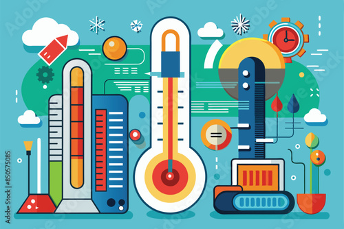 Illustration depicting a temperature measurement system with multiple scales and customizable design elements, Temperature measurement Customizable Disproportionate Illustration