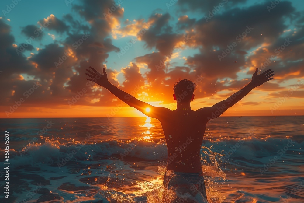 Fototapeta premium Person celebrating in the ocean at sunset with arms raised