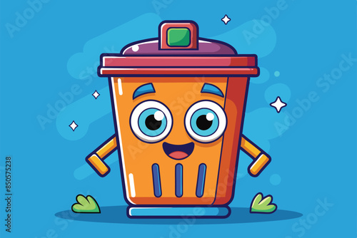A cartoon illustration of a happy orange trash can against a blue background, Throw away Customizable Cartoon Illustration