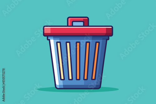 A simple, flat illustration of a blue trash can with a red lid, isolated on a light blue background, Throw away Customizable Semi Flat Illustration
