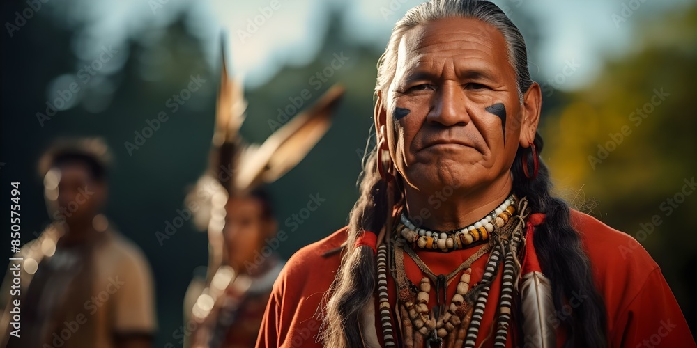 Fototapeta premium Experienced Indigenous male leader upholds ancestral traditions shares wisdom fosters community unity. Concept Indigenous Leadership, Ancestral Traditions, Wisdom Sharing, Community Unity