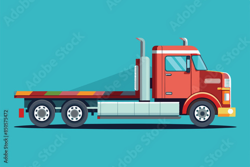 An illustration of a red semi-truck with a flatbed trailer, perfect for representing towing services, Towing Customizable Semi Flat Illustration