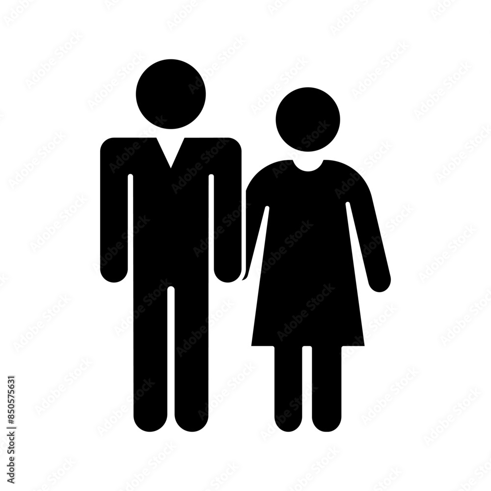 Male and female restroom sign icons. Simple black silhouettes on a white background, representing man and woman. Male and female restroom sign icons. Simple black silhouettes on a white background, representing man and woman.