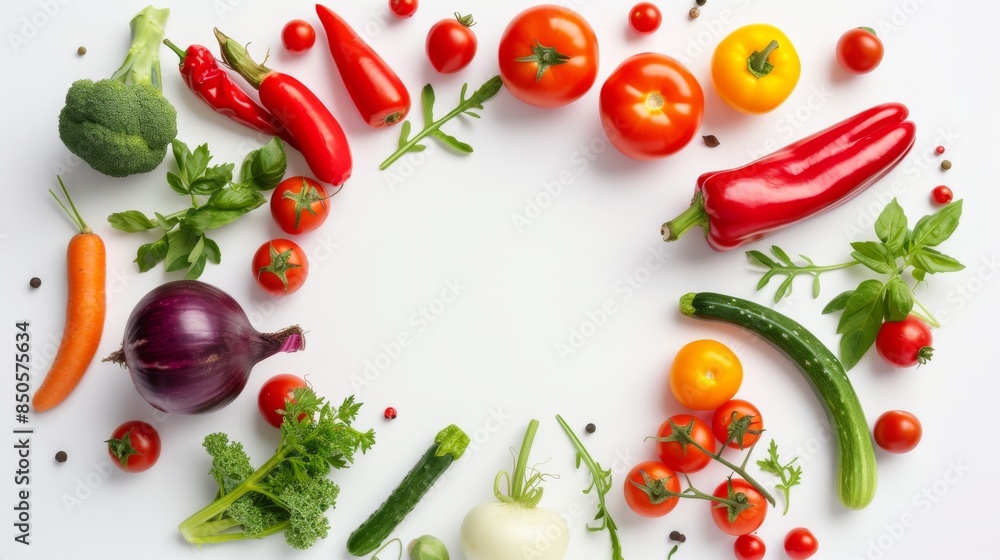 A variety of fresh, colorful vegetables arranged around a blank white background A variety of fresh, colorful vegetables arranged around a blank white background