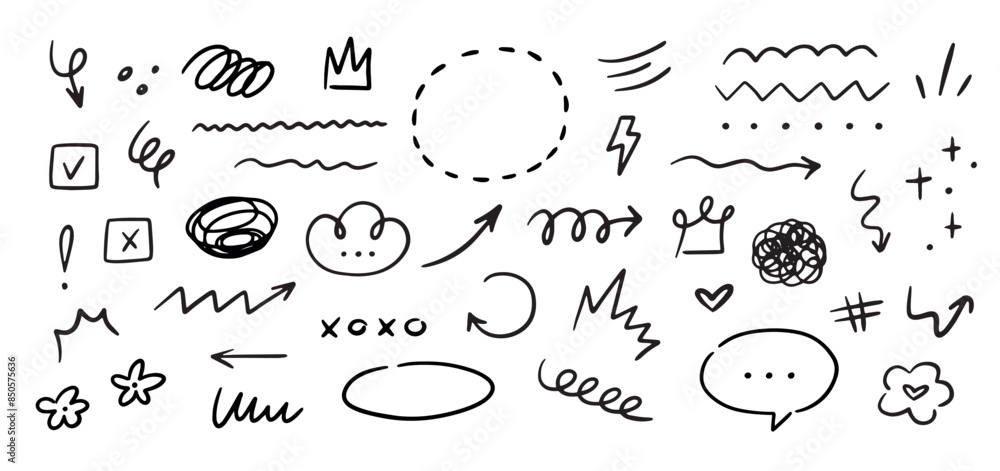 Hand drawn marker simple elements set. Grunge doodle underlines, icons, emphasis, speech bubbles, arrows and shapes. Vector illustration isolated on white background. Hand drawn marker simple elements set. Grunge doodle underlines, icons, emphasis, speech bubbles, arrows and shapes. Vector illustration isolated on white background.