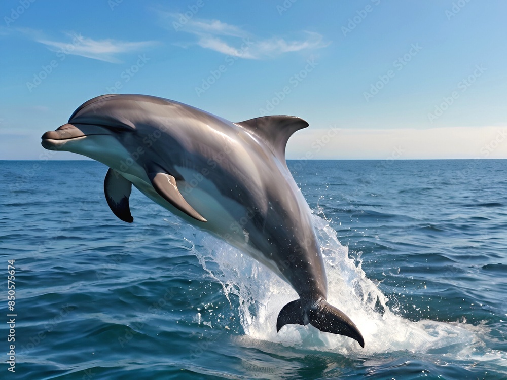 Fototapeta premium Graceful Dolphin Leaping Out of Ocean. Cute Fish