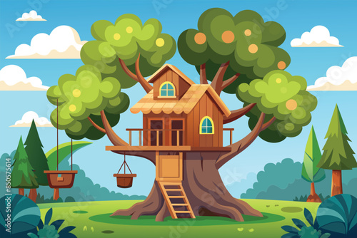 A cartoon treehouse built into a large tree with a swing hanging off the side, Tree house Customizable Cartoon Illustration