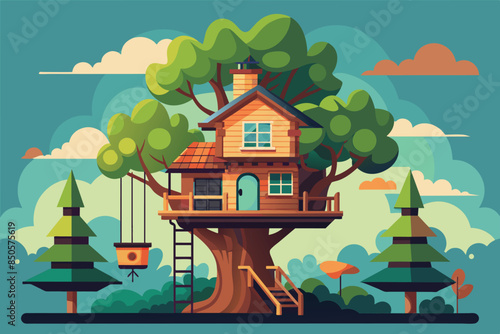 An illustrated treehouse with a swing and ladder, built into a large tree, Tree house Customizable Disproportionate Illustration