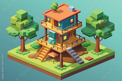 Isometric illustration of a treehouse with two levels, wooden decks, and stairs, Tree house Customizable Isometric Illustration