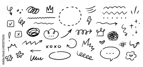 Hand drawn marker simple elements set. Grunge doodle underlines, icons, emphasis, speech bubbles, arrows and shapes. Vector illustration isolated on white background.