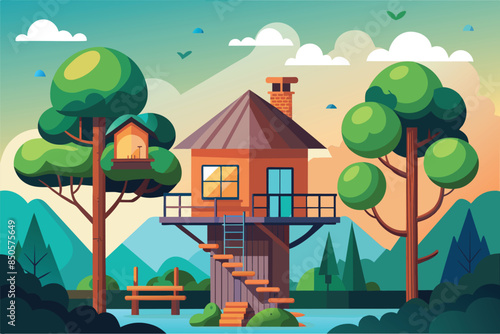A charming treehouse nestled amongst lush trees and picturesque mountains, offering a peaceful escape, Tree house Customizable Semi Flat Illustration