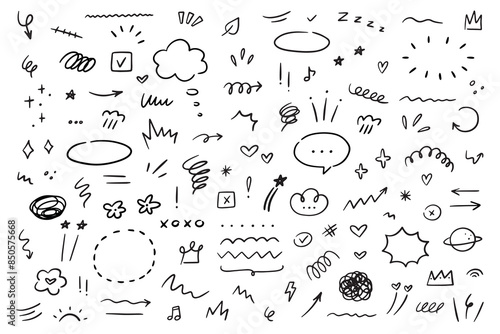 Hand drawn marker simple elements set. Grunge doodle underlines, icons, emphasis, speech bubbles, arrows and shapes. Vector illustration isolated on white background.
