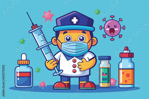 A cartoon doctor holding a syringe with vaccine bottles and viruses surrounding him, Vaccine Customizable Cartoon Illustration