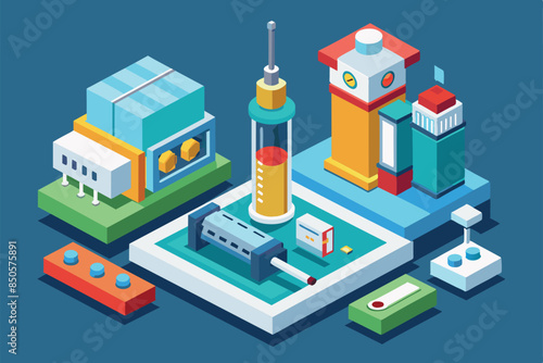 An isometric illustration depicting a vaccine production facility, showcasing various stages of the process, Vaccine Customizable Isometric Illustration