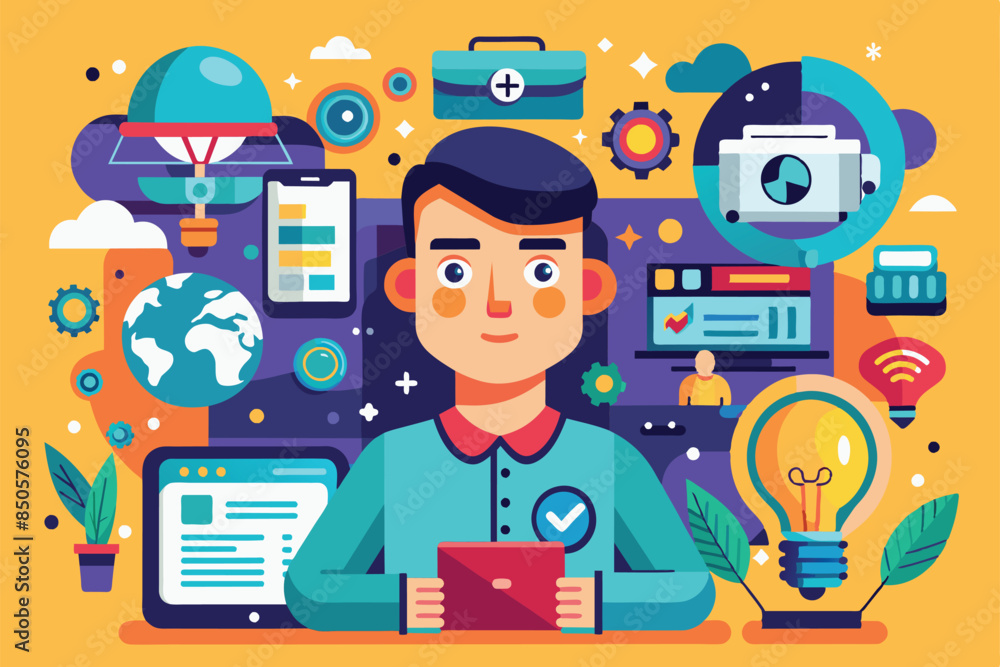 Flat illustration of a man with various technological icons symbolizing visionary success, Visionary technology Customizable Flat Illustration Flat illustration of a man with various technological icons symbolizing visionary success, Visionary technology Customizable Flat Illustration