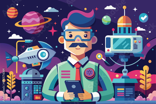 A cartoon illustration of a man with a mustache, glasses, and a red tie, holding a phone in a futuristic space setting, Visionary technology Customizable Cartoon Illustration