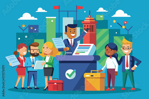A group of people from diverse backgrounds stand together in front of a voting booth, Voting Customizable Semi Flat Illustration