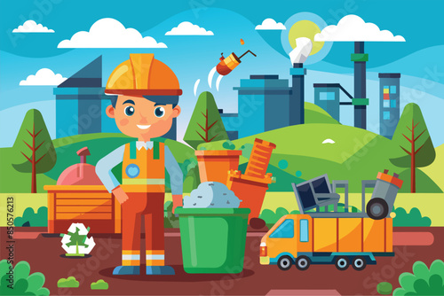 A cartoon illustration depicting a happy waste management worker standing with a green trash can in front of a factory, Waste management Customizable Cartoon Illustration