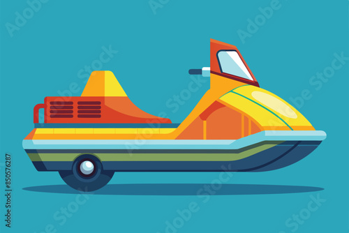 Flat illustration of a yellow, orange, and green water scooter on a blue background, Water scooter Customizable Flat Illustration