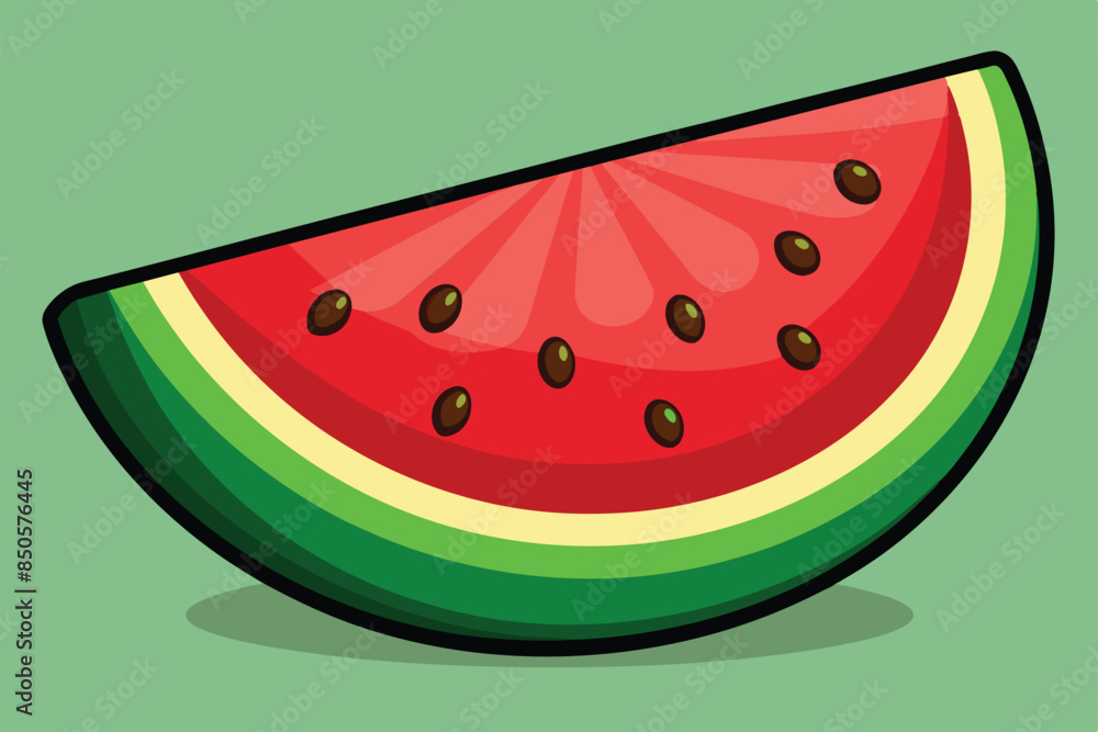 A digital illustration of a watermelon slice with seeds and green rind, Watermelon Customizable Disproportionate Illustration A digital illustration of a watermelon slice with seeds and green rind, Watermelon Customizable Disproportionate Illustration