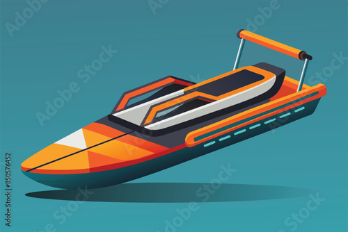 A flat illustration of a bright orange water ski boat against a blue background, Water ski Customizable Semi Flat Illustration