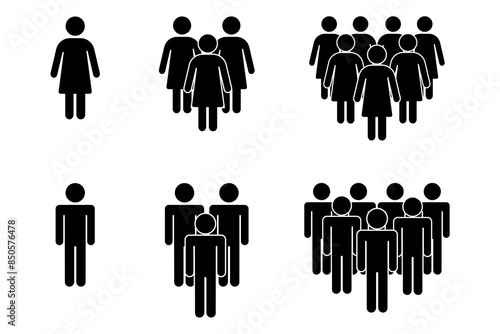 Group of people icons. Black silhouette figures. Various group sizes. Simple vector design.