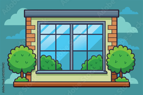 Cartoon illustration of a building window with green bushes on each side, Windows Customizable Cartoon Illustration