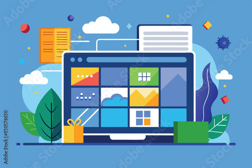 Illustration of laptop with customizable Windows interface, surrounded by clouds, leaves, abstract shapes, Windows Customizable Flat Illustration