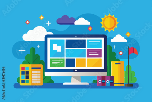 Computer desktop illustration with customizable windows - digital organization and flexibility in vibrant colors, Windows Customizable Flat Illustration