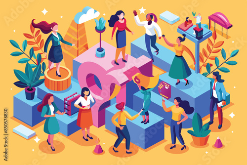 Isometric illustration celebrating Womens Equality Day featuring a group of diverse women in a celebratory environment, Women's equality day Customizable Isometric Illustration