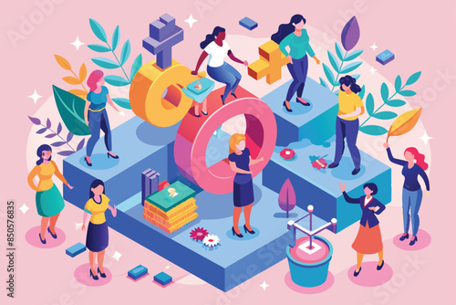 Isometric illustration celebrating Womens Equality Day with diverse women standing on platforms around gender symbols, Women's equality day Customizable Isometric Illustration
