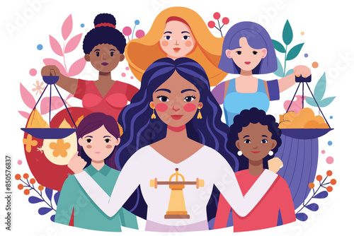 Colorful illustration of six women of different ethnicities and ages, holding scales of justice, symbolizing womens equality, Women's equality day Customizable Disproportionate Illustration