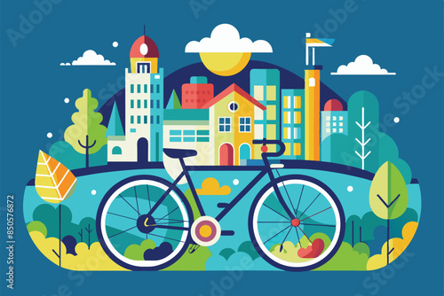 A flat, colorful illustration of a bicycle parked in a city park, World bicycle day Customizable Flat Illustration