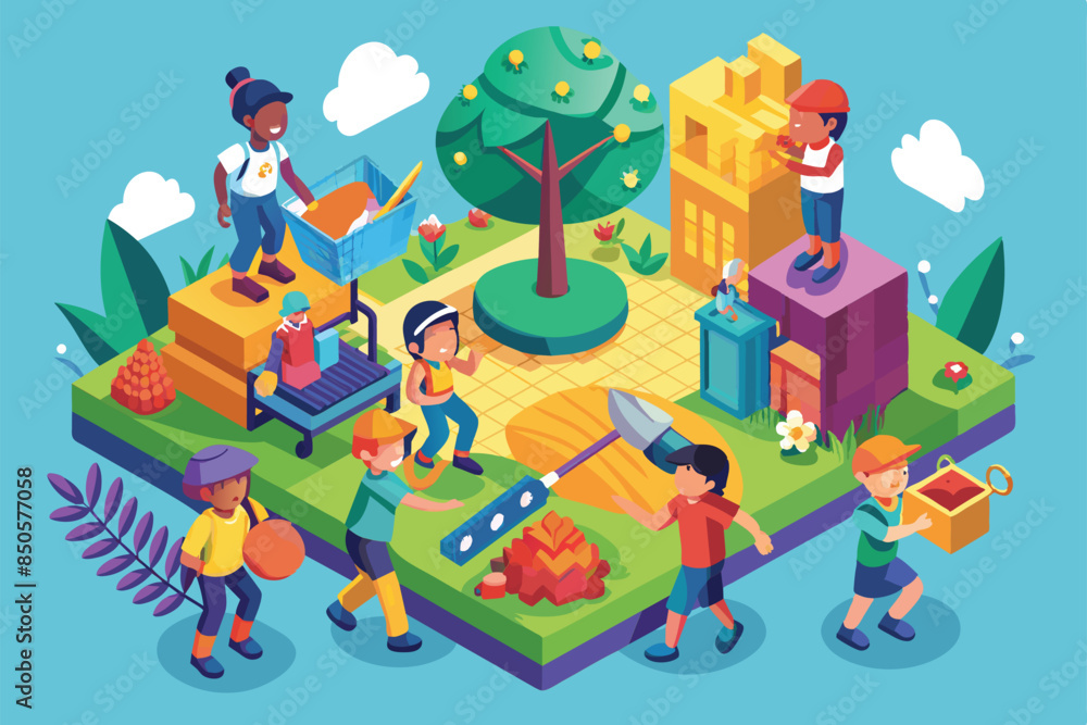 An illustration of children playing in a park, representing the importance of childhood and the fight against child labor, World day against child labour Customizable Isometric Illustration An illustration of children playing in a park, representing the importance of childhood and the fight against child labor, World day against child labour Customizable Isometric Illustration