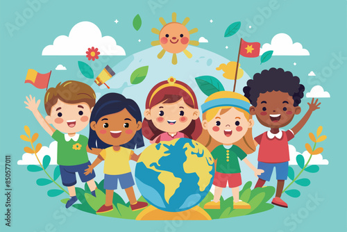 Illustrated image of diverse children celebrating World Childrens Day, World children's day Customizable Semi Flat Illustration